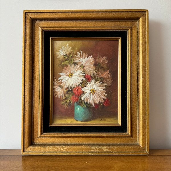 Vintage Still Life Painting, Original, Gold Framed, Ready to Hang | Vintage Signed Floral Painting, 15 1/2 x 13 1/2" | White and Red Flowers