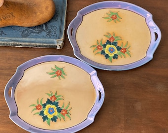 Vintage Ceramic Double Handle Small Trays Made in Japan Lustreware, Periwinkle and Butterscotch, Set of 2 Trays | Hand Painted Made in Japan