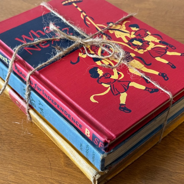 Mid Century Vintage School Books, Orange, Red and Blue Book Stack | Day By Day, Reading for Independence, and The New Basic Reader