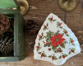 Vintage Christmas Rose Bone China Candy Dish: Flambro Poinsettia Tree Dish
