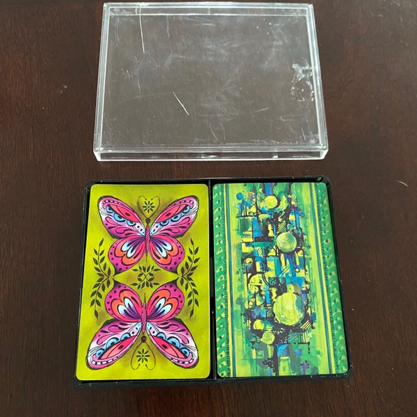 Boho Vintage 2 Deck Playing Cards in Plastic Case | Green Retro Playing Cards and Pink Butterfly Playing Cards | Vintage Playing Card Set