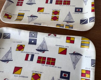 Vintage Nautical Melamine Trays: Sailboat & Flag Design, Set of 2