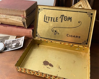 Vintage Art Deco Little Tom Cigars Tin: Hinged Lid Cabin Decor