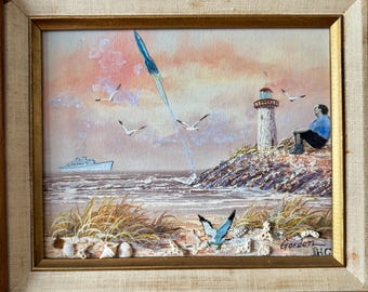 Vintage Seascape Oil Painting Assemblage: Shells & Beach Glass Art