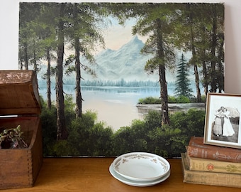 Vintage Oil Painting: Wooded Mountain Landscape, 24x18 Stretched Canvas