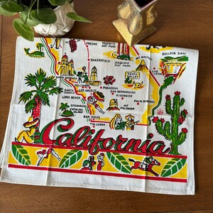 Vintage California Souvenir Tea Towel, 17" x 26" Yellow, Red, Green and Black Mid-Century Tea Towel, Retro Graphics, California Landmarks