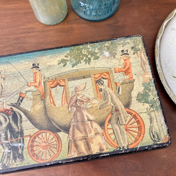 Vintage Helen Harrison's Home Made Candies Tin, Chicago, IL | Vintage Shabby Chic Candy Tin with Victorian Image, Horse and Buggy, Rusty Tin