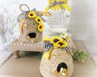 Tiered Tray Decor Beehive | Wooden Honey Jar | Honey Bees | Honey | Flowers | Farmhouse | Rustic Decor | Shelf | Home Decor.