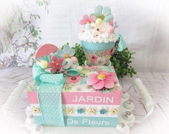 Garden Of Flowers Bookstack / Mini Pot / Faux Whip  Topper / Mother's Day / French Country Style / Tiered Tray Decor / Rae Dunn Inspired