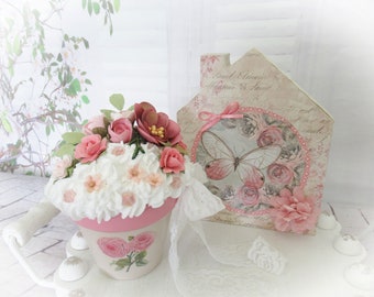 Shabby Chic Mini Wooden House / Mini Pot / Faux Whip / Mother's Day / French Country / Home / Shelf / Tiered Tray Decor / Rae Dunn Inspired