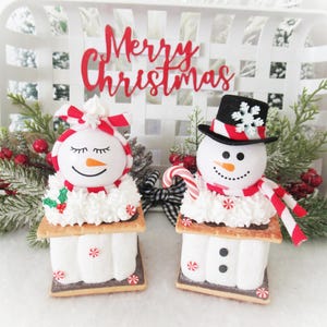 Christmas Themed Marshmallow S&#39;mores / Snowman / Faux Whip / Peppermint Candy / Tiered Tray Decor / Winter Holiday / Rae Dunn Inspired