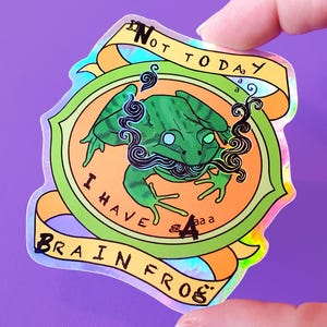 May include: A holographic sticker featuring a green frog with a blue and black smoke design. The sticker reads "Not Today I Have Brain Frog".