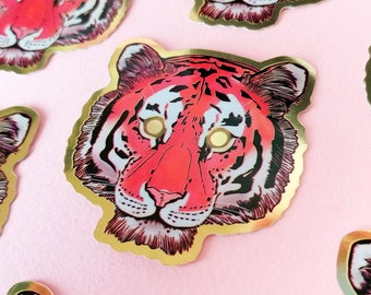 Tijgersticker, goud, grote kat, dierenstickers, tijgersticker, tijgerkunst, dierenkunst, kattensticker, tijgerillustratie