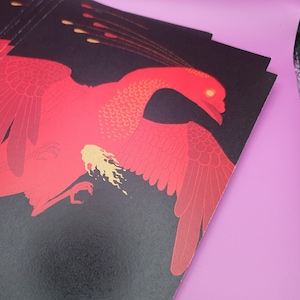 Red Phoenix art print with gold foil flames, fantastical print, mythology print