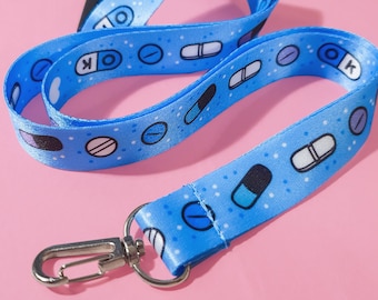 Cute Blue Menhera Lanyard, kawaii lanyard, spoonie lanyard, chronic illness gifts, spoonie gifts, Menhera kei, Menhera pill lanyard