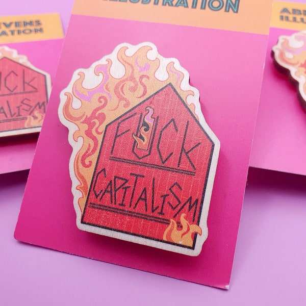 SECONDS Fuck Capitalism wooden pin, anticapitalist pin, anticapitalism, gifts for lefties, gifts for liberals, gifts for socialists