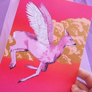 Peryton konsttryck: Guld- och rosa fantasihjort, mytologiskt bestiarium