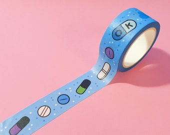 Cute Blue Menhera washi tape, pill planner washi, kawaii washi tape, blue washi tape, Japanese stationary, decorative tape, planner tape