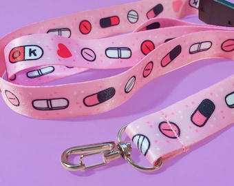 Cute Pink Menhera Lanyard, kawaii lanyard, spoonie lanyard, chronic illness gifts, spoonie gifts, Menhera kei, Menhera pill lanyard