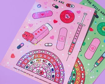 Pink Menhera sticker sheet, menhera kei, Pills Are OK sticker sheet, pill sticker, pill funny, stickers for pill organiser, spoonie sticker