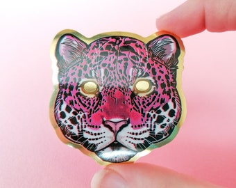 Pink and Gold Jaguar sticker, animal stickers, big cats, gold stickers, cat stickers, spooky stickers, big cat sticker