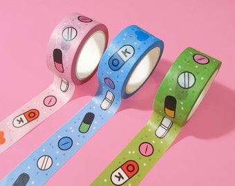 Set of 3 Cute Menhera washi tape, pill planner washi, kawaii washi tape, pink washi tape, Japanese stationary, decorative tape, planner tape