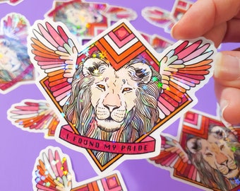 Lesbian Pride Flag Sticker: Holographic Lion with Wings