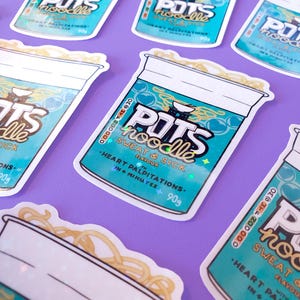 May include: A set of five stickers featuring a cartoon illustration of a blue and white instant noodle cup with the text "POTS noodle" and the slogan "Sweat & Sick Flavour" with the tagline "With heart palpitations in 4 minutes 90g".