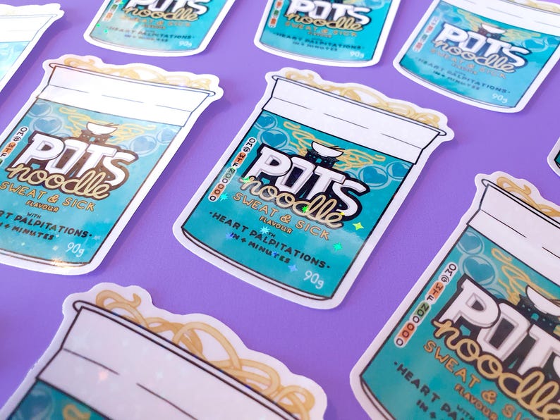 May include: A set of five stickers featuring a cartoon illustration of a blue and white instant noodle cup with the text "POTS noodle" and the slogan "Sweat & Sick Flavour" with the tagline "With heart palpitations in 4 minutes 90g".