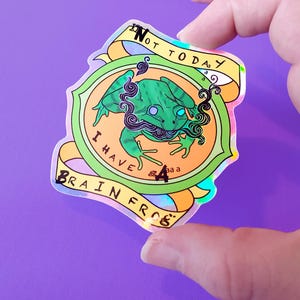 May include: A holographic sticker with a green frog with a blue eye and a black mustache. The frog is surrounded by a yellow, orange, and green circle with the text "I have a brain frog" and "Not today".