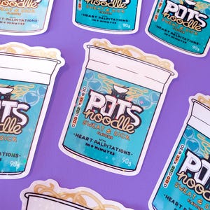 May include: A set of six colorful stickers featuring a cartoon illustration of a cup of instant noodles with the text "POTS noodle" and the slogan "Sweat & Sick Flavor". The stickers have a glittery finish and include the text "Heart palpitations in 4 minutes 90g".