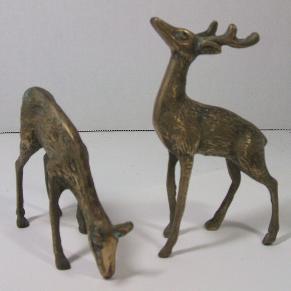 VTG Pair Solid Brass Deer Figurines 6 inch Buck & Doe MCM Reindeer