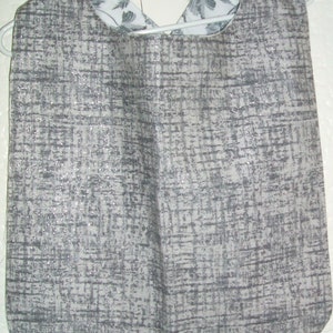 Clothing Protector Women Dignity Bib, 18" Reversible, Grey Grid pattern cotton and Grey Floral on White flannel backing, Flaps not Neck Hook