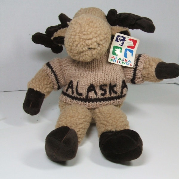 Vintage Rare 14" Artic Moose in Alaska Knit Sweater from Alaska Friends Beige Nobby Body and Brown Suede Paws and Ears Hard Plastic Eyes
