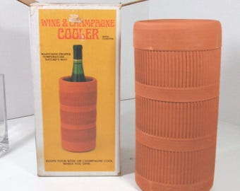 Vintage  Wine & Champagne TerraCota Cooler w/ Coaster 1970s Retro