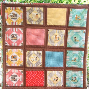 May include: A patchwork quilt with a cowboy theme. The quilt is made up of 16 squares, each with a different design. The squares are arranged in a grid pattern. The quilt is made of a variety of fabrics, including cotton, flannel, and denim. The quilt is a great way to add a touch of western charm to any room.