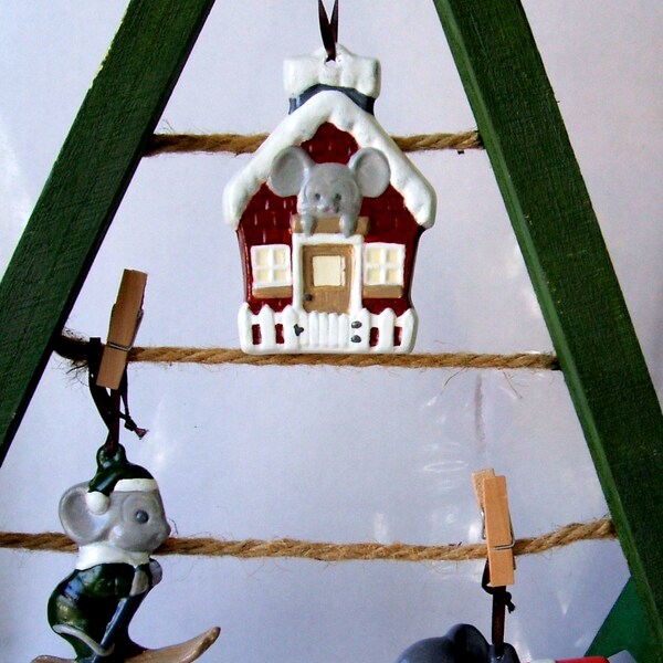 Trio of Mouse Christmas Ornaments a Mouse House a Mouse Skier and a Mouse Holding a Present  Set of 3 plaster/Hydrocal