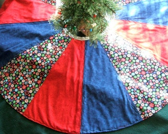 Christmas Tree Skirt 36" Red White Green Candy Ornaments on Black Fabric, Red and Blue Tonal Fabrics, Tablescape Centerpiece,  White Backing