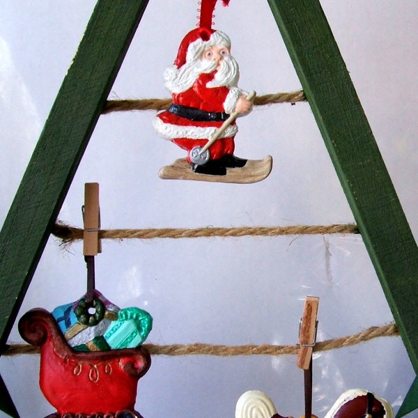 Trio of Christmas Ornaments a Skiing Santa a Rocking Horse and A Sleigh Filled with Presents Set of 3 plaster/Hydrocal