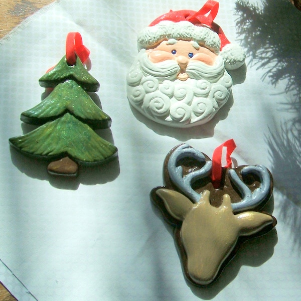 Santa Face Reindeer and Tree Christmas Ornaments set of 3 plaster/Hydrocal