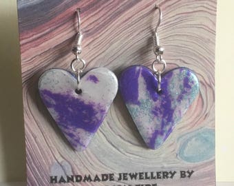 Handmade mokume gane polymer clay earrings - hearts