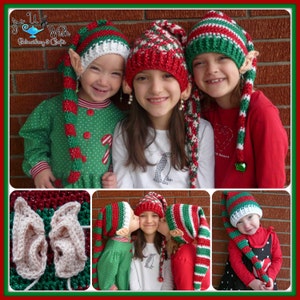 May include: Four children wearing red and green elf hats with long tails. The hats have white pom-poms and are crocheted. Two of the children are holding the tails of their hats. The hats are decorated with red and white stripes and green and white stripes.