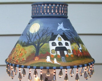 Hand-Painted Halloween Tole Lamp, Folk Art Ghosts, Witches, Haunted House, Pumpkins