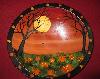 Original "Great Pumpkin Patch"  Halloween treat bowl, painting, pumpkin patch, jack-o-lanterns, full moon, spooky trees, bats