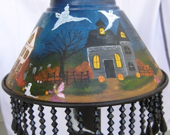 Halloween painting, TRICK or Treat,  folk art lamp,  Ghosts Pumpkins Witches~Original