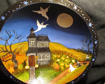 Halloween painting~*~Original halloween treat bowl~*~haunted house~*~ghosts~*~jack o lantern~*~ witch~*~
