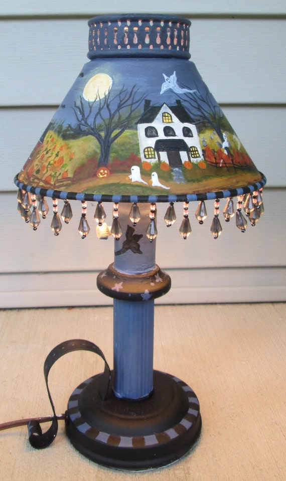 Original Halloween painting~*~halloween vintage tole lamp~*~folk art, ghosts, witches, trick or treat, haunted house, pumpkins, HAB