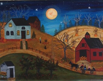 Autumn painting, Halloween, folk art painting, pumpkins, original painting, apples, full moon, pumpkins