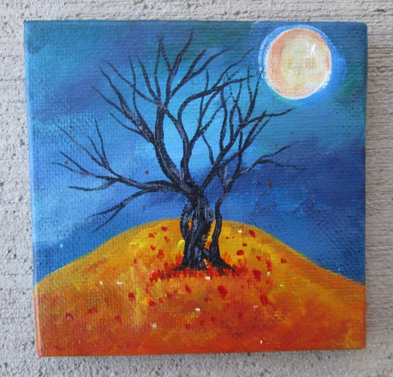 Autumn Tree Painting Full Moon Halloween Original Etsy