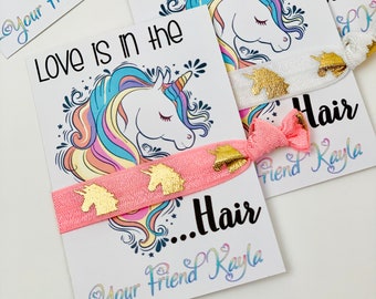 KIDS VALENTINE Card | Love is in the Hair Cards | Girl Unicorn Hair Tie Valentine Card - School Valentine - Girl Unicorn Favor Valentine